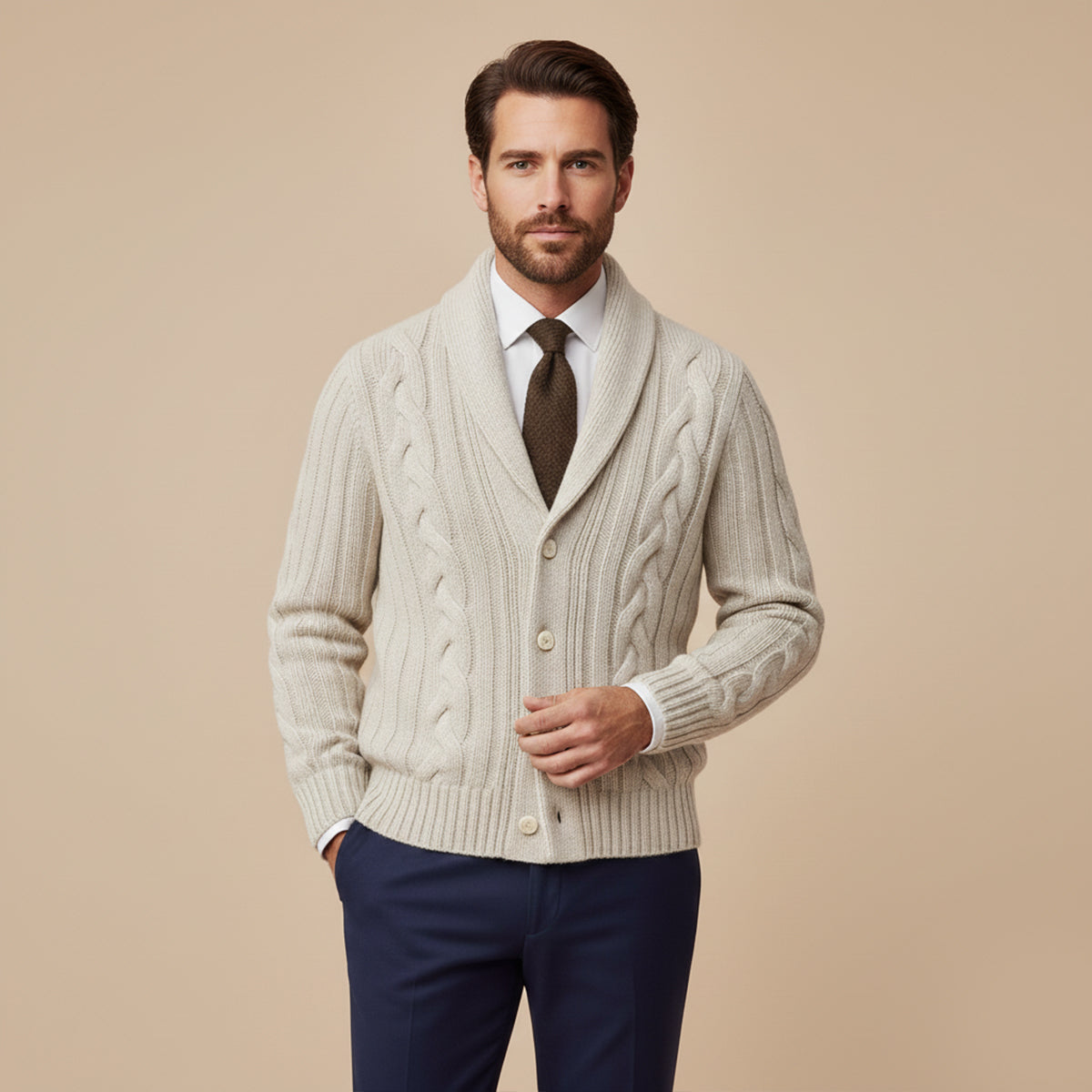 Bram | Men's Cable Knit Cardigan Beige Button Up