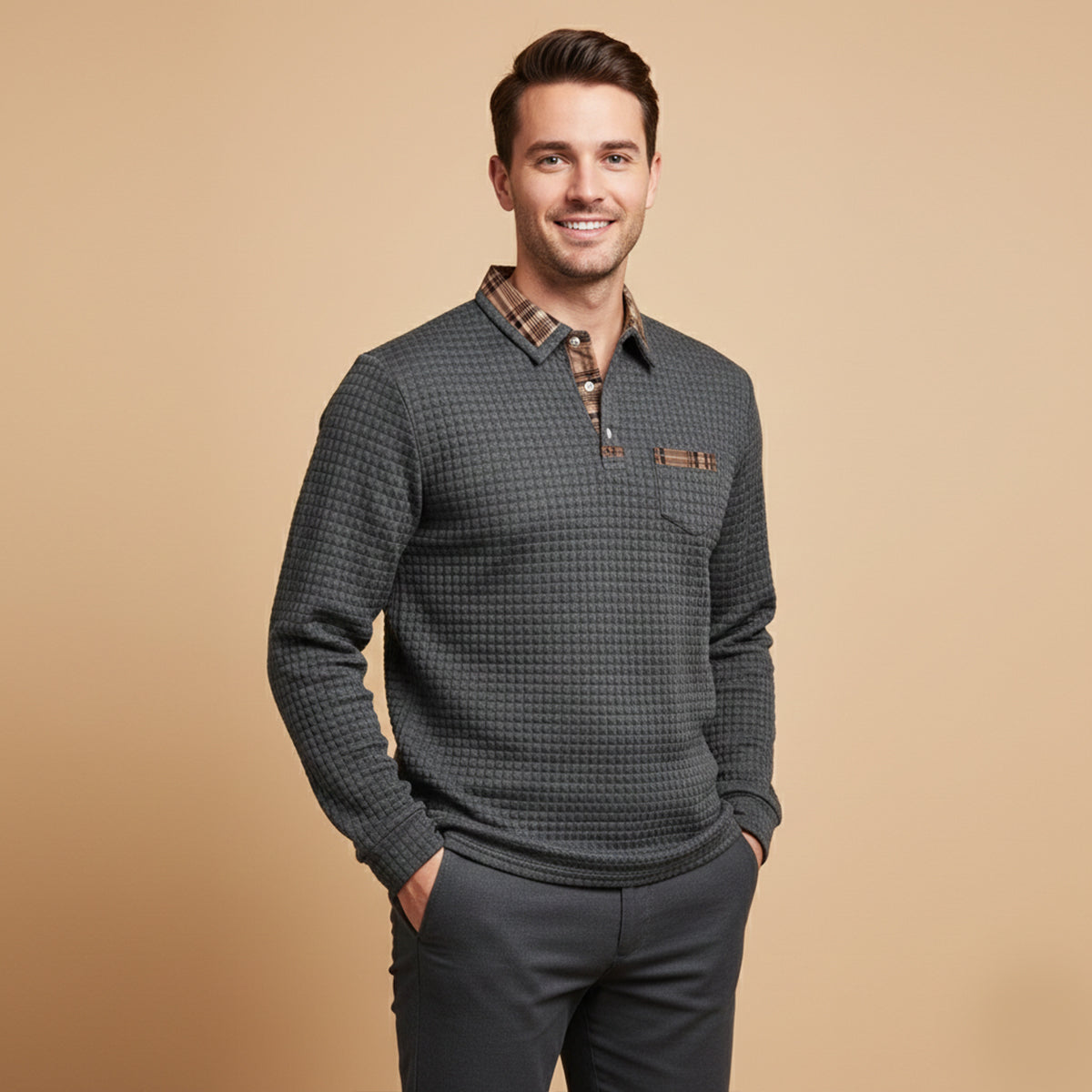 Callum | Men's Quilted Waffle Knit Polo Sweater Black Plaid Collar