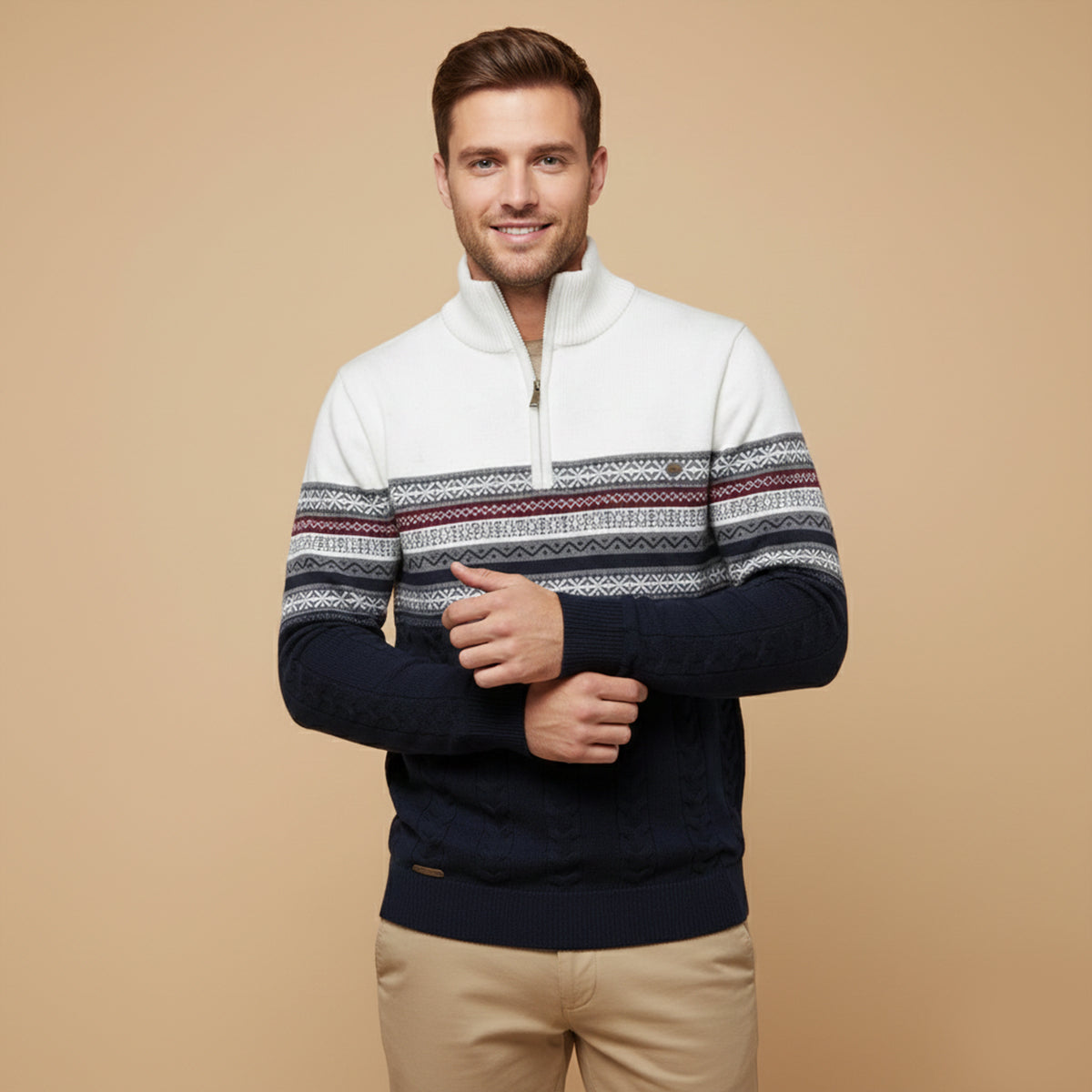 Axel | Men's Fair Isle Quarter Zip Sweater Cream Navy