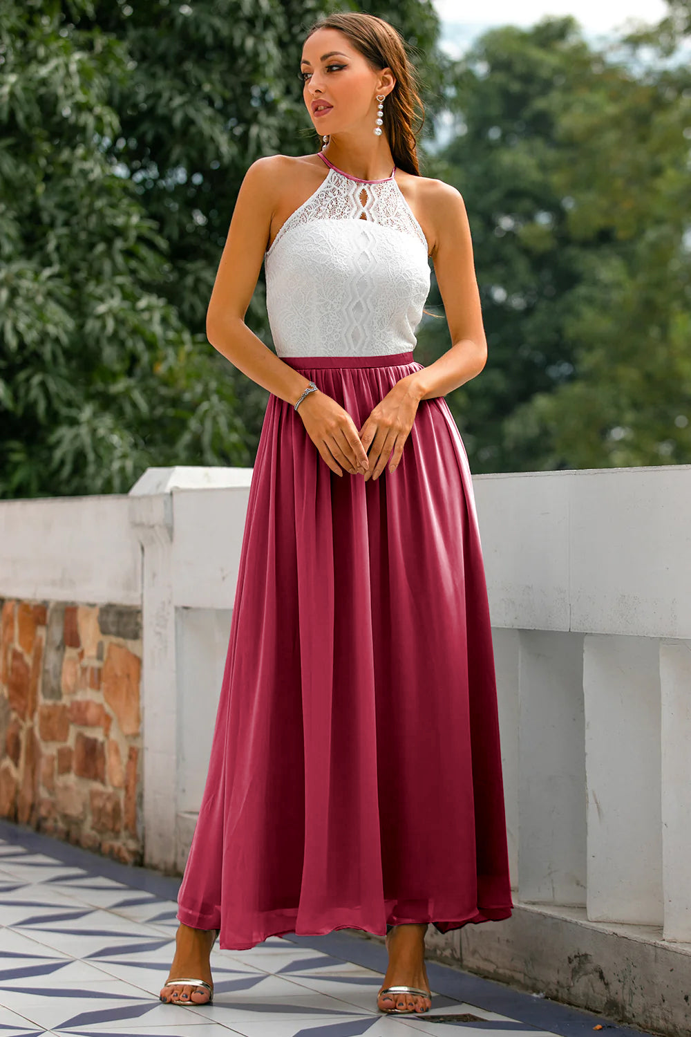 Mia | Women's Lace Halter Maxi Dress Gray White