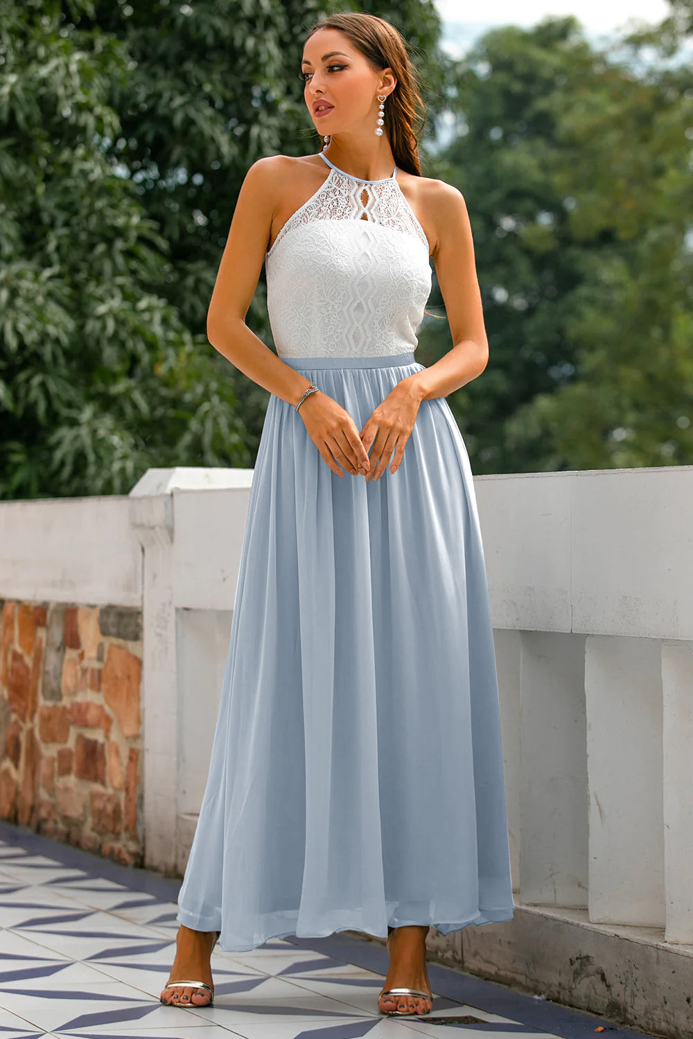 Mia | Women's Lace Halter Maxi Dress Gray White