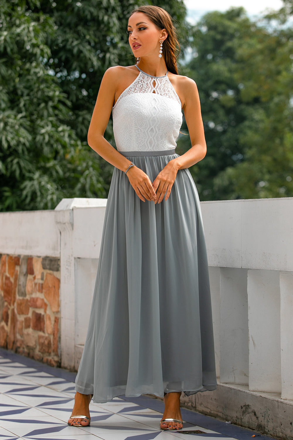 Mia | Women's Lace Halter Maxi Dress Gray White