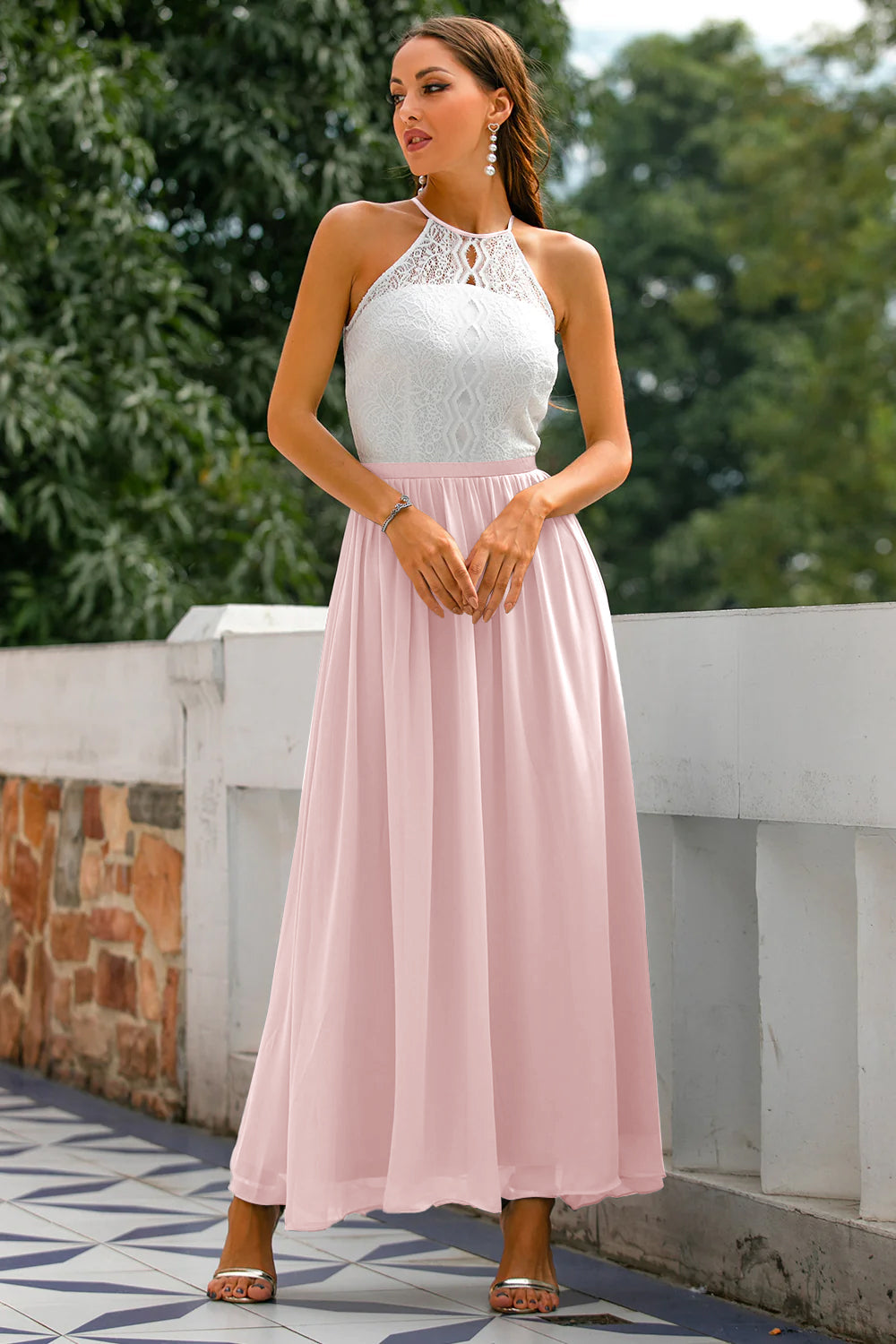 Mia | Women's Lace Halter Maxi Dress Gray White