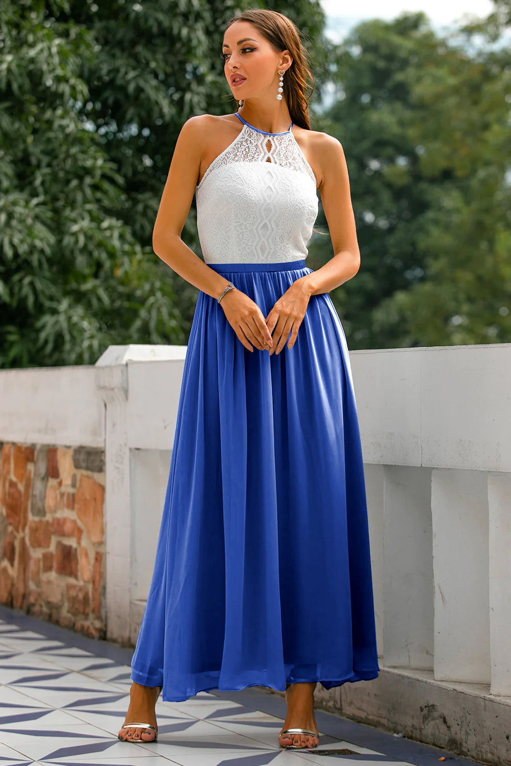 Mia | Women's Lace Halter Maxi Dress Gray White