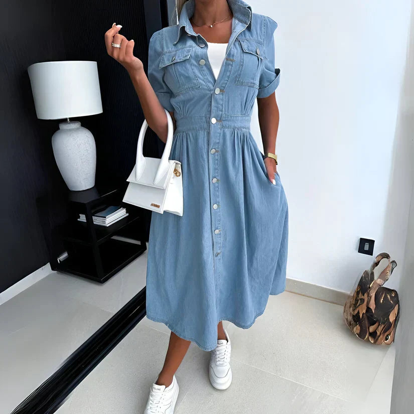 Ines | Women's Denim Shirt Dress Light Blue Button Down