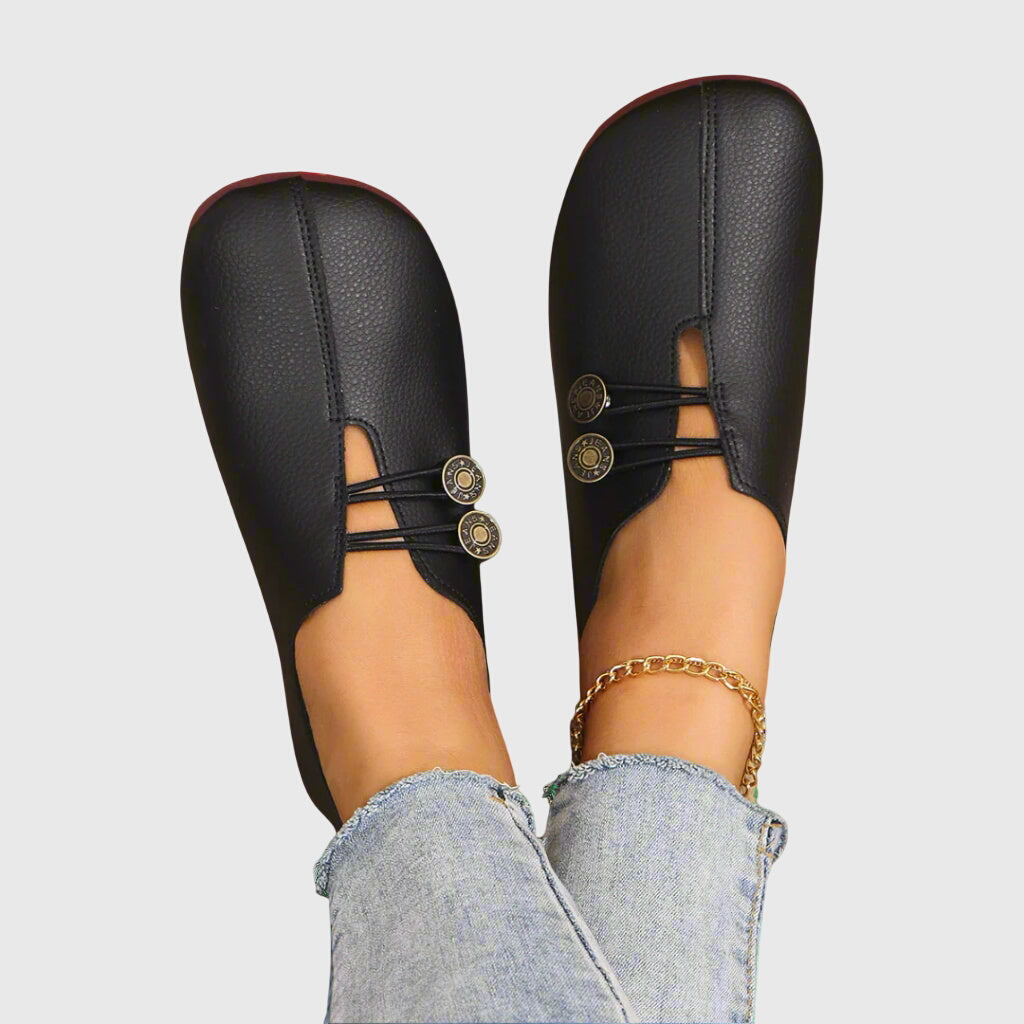 Camille | Women's Black Slip On Flats Button Detail