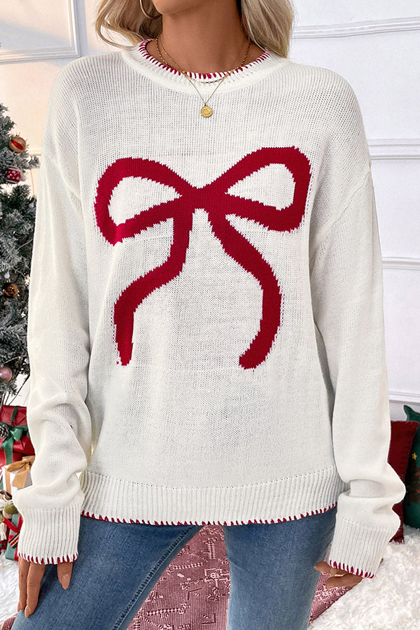 Cora | Women's Crew Neck Sweater Cream Red Bow
