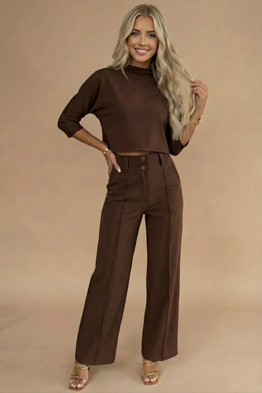 Isla | Women's Cropped Sweater Wide Leg Pant Set Cream