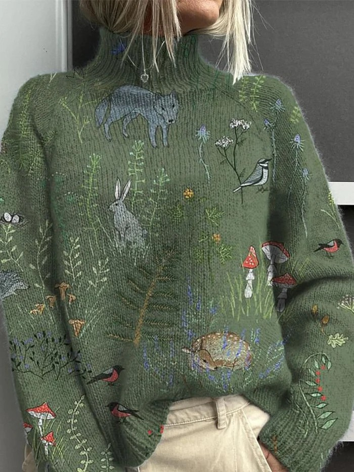 Rue | Women's Cottagecore Knit Sweater Green Embroidered Forest