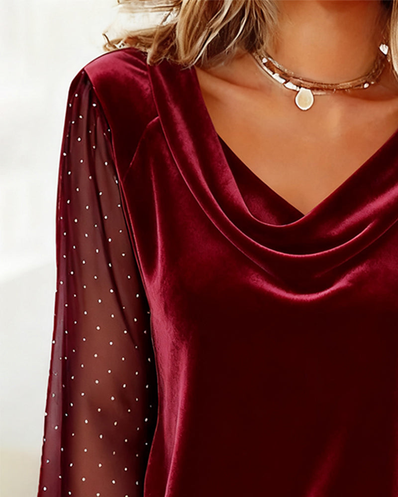 Camille | Women's Velvet Cowl Neck Top Black Sequin Sleeve