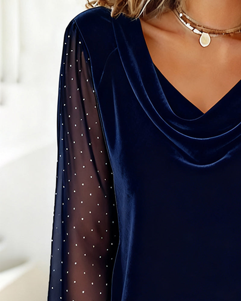 Camille | Women's Velvet Cowl Neck Top Black Sequin Sleeve