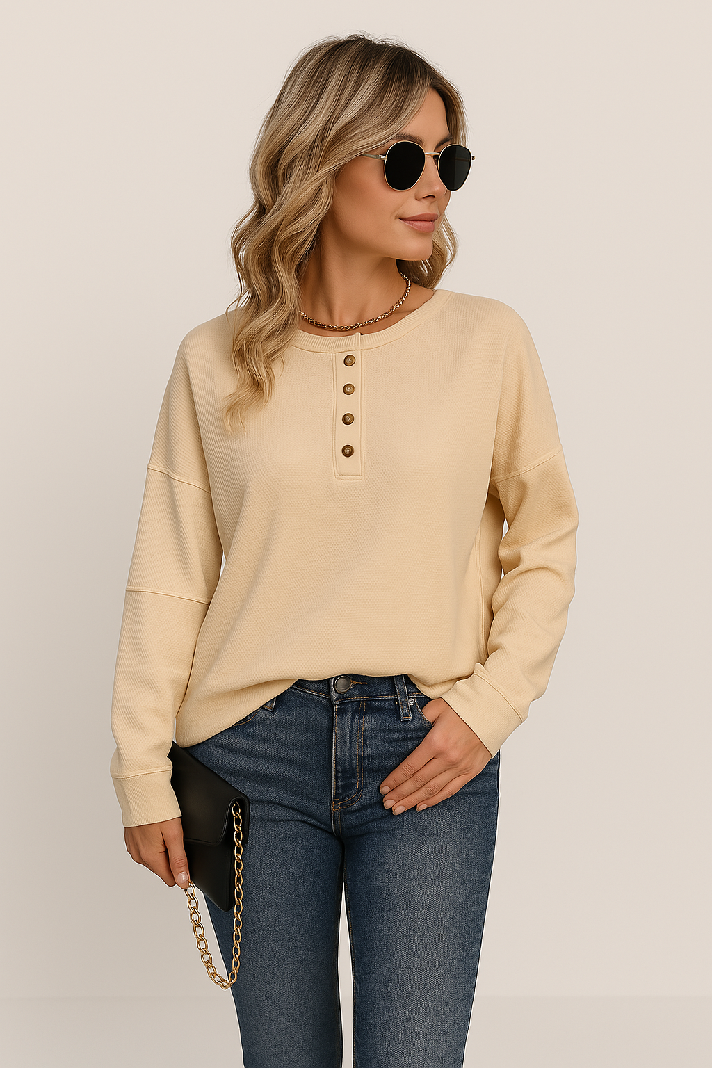 Dama Washington Perdita women's button front long sleeve top - front view