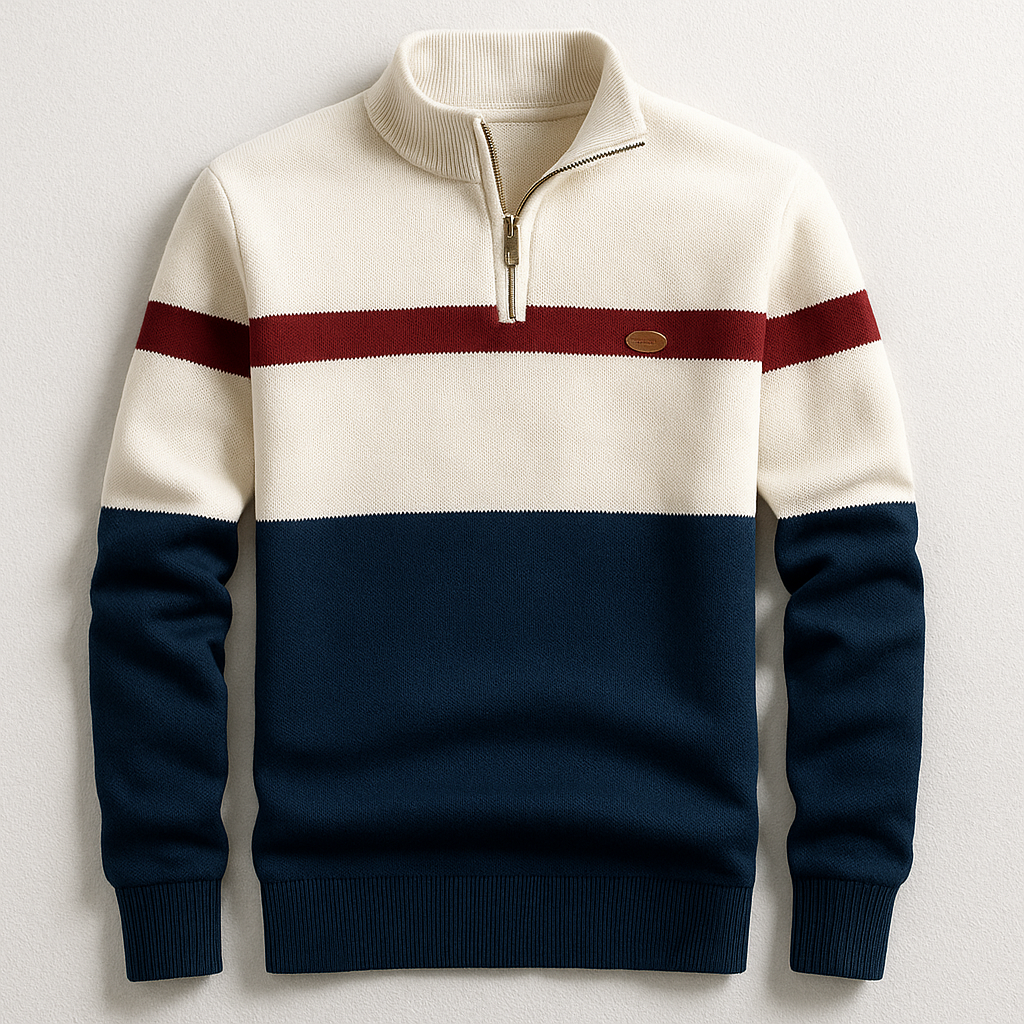 Axel | Men's Color Block Quarter Zip Sweater Cream Navy Red