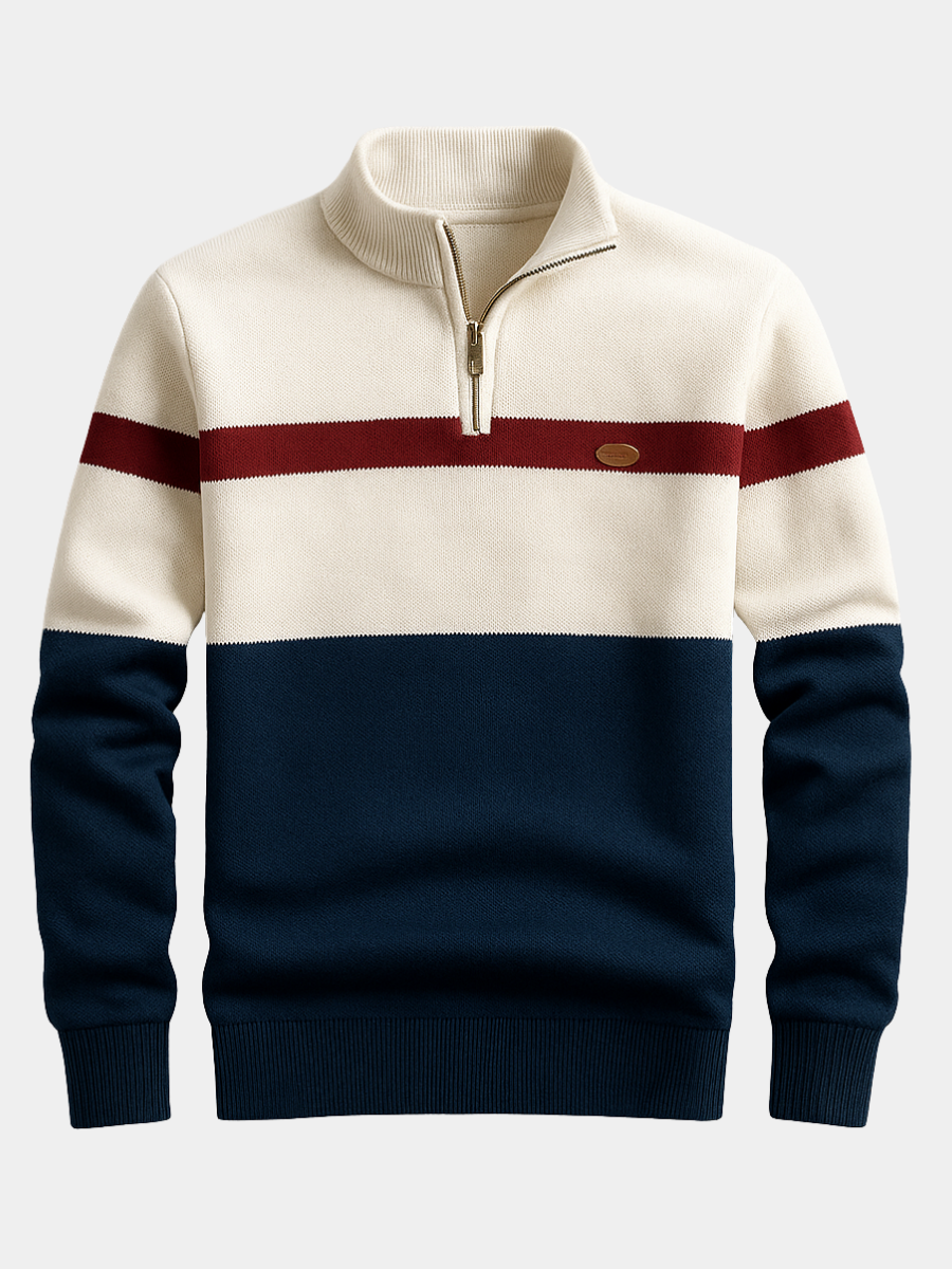 Axel | Men's Color Block Quarter Zip Sweater Cream Navy Red