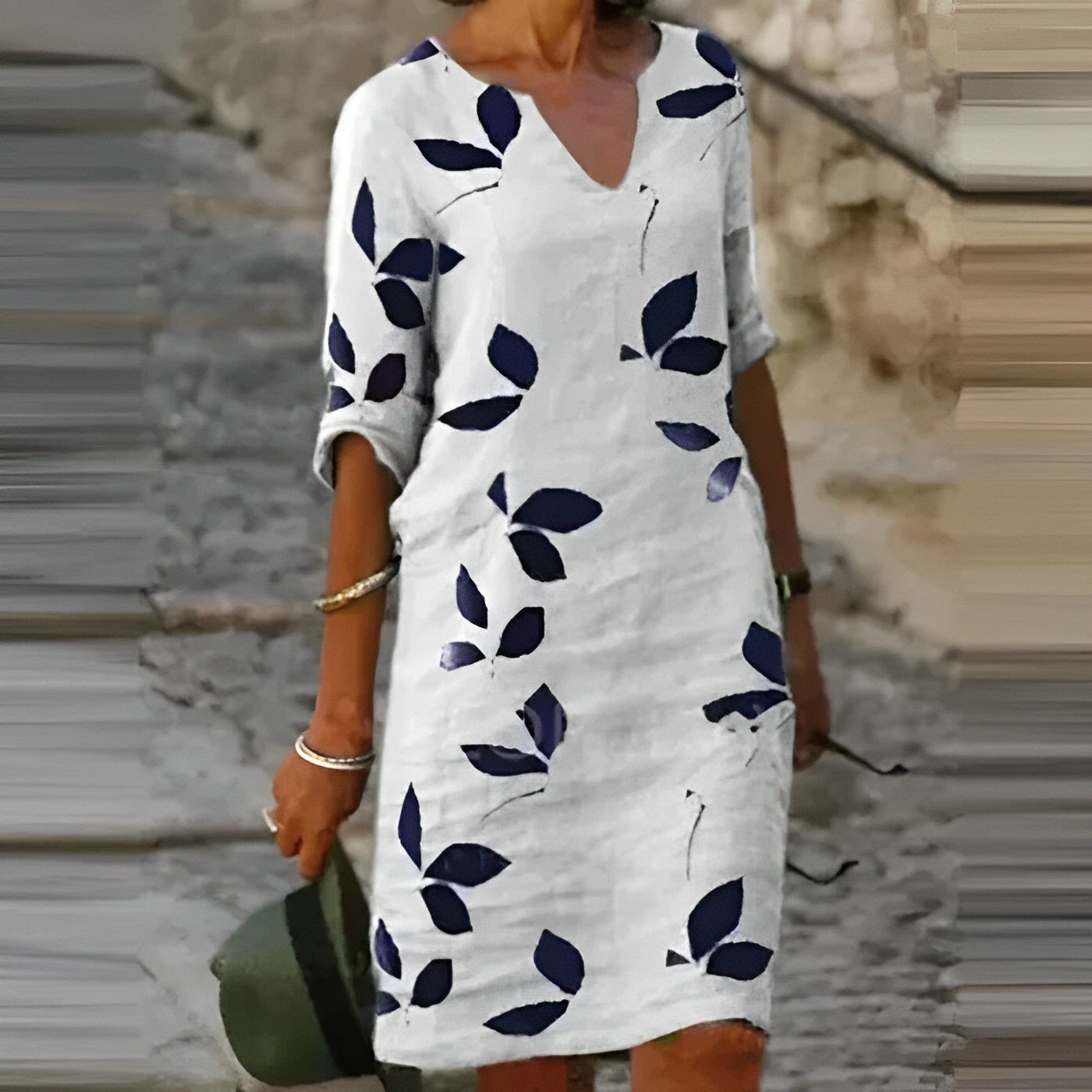 Demi | Women's V Neck Leaf Print Shift Dress White Navy