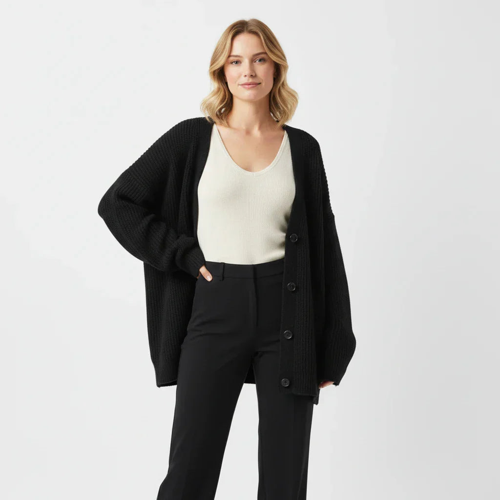 Wren | Women's Oversized Ribbed Knit Cardigan Cream Button Front