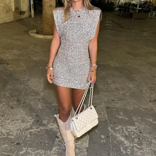 Edie | Women's Sequin Mini Dress Silver Short Sleeve