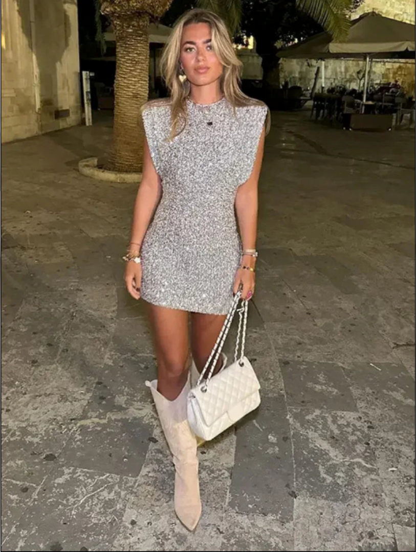 Edie | Women's Sequin Mini Dress Silver Short Sleeve