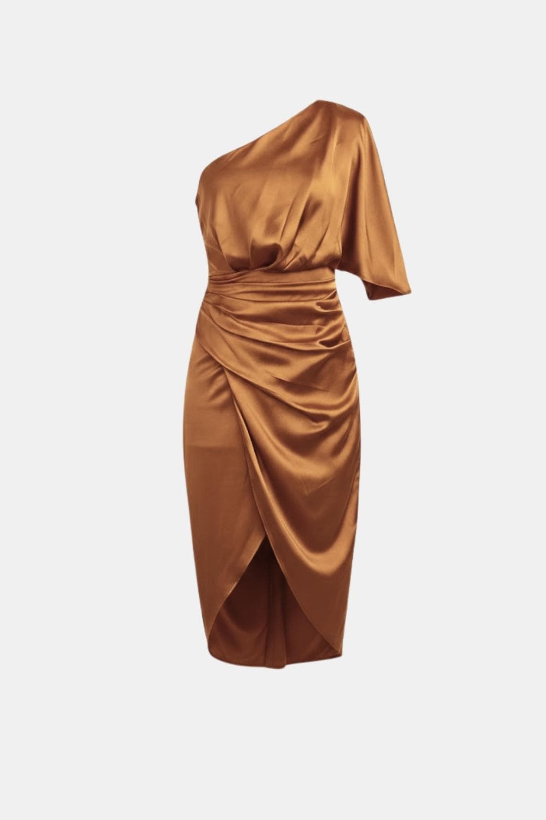 Alma | Women's One Shoulder Satin Midi Dress Black Ruched