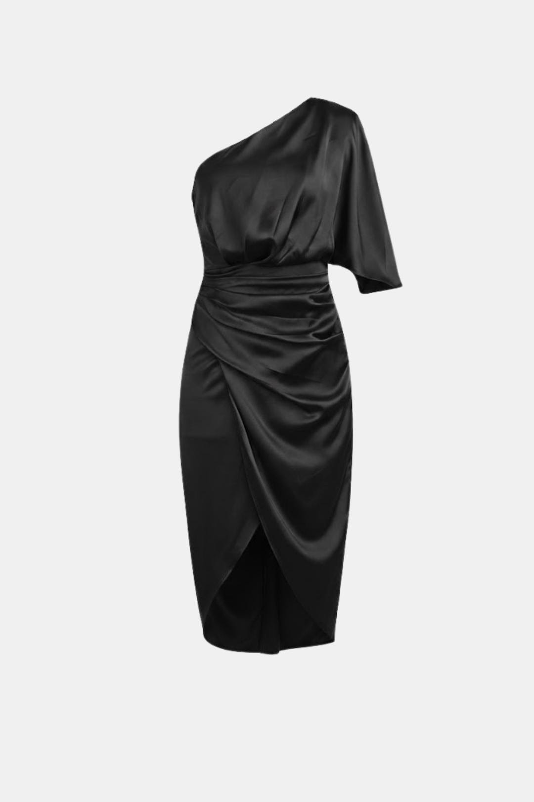 Alma | Women's One Shoulder Satin Midi Dress Black Ruched