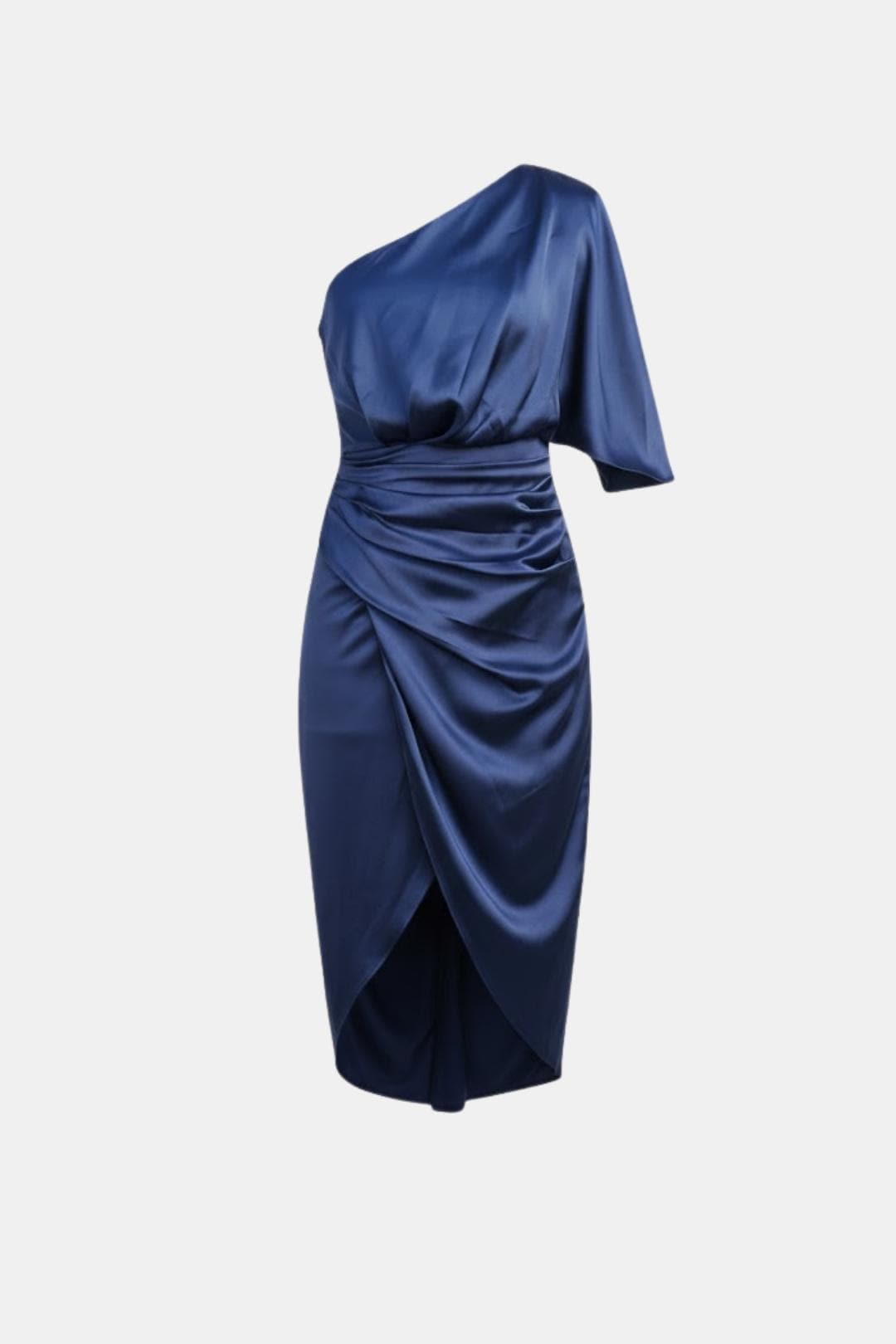 Alma | Women's One Shoulder Satin Midi Dress Black Ruched