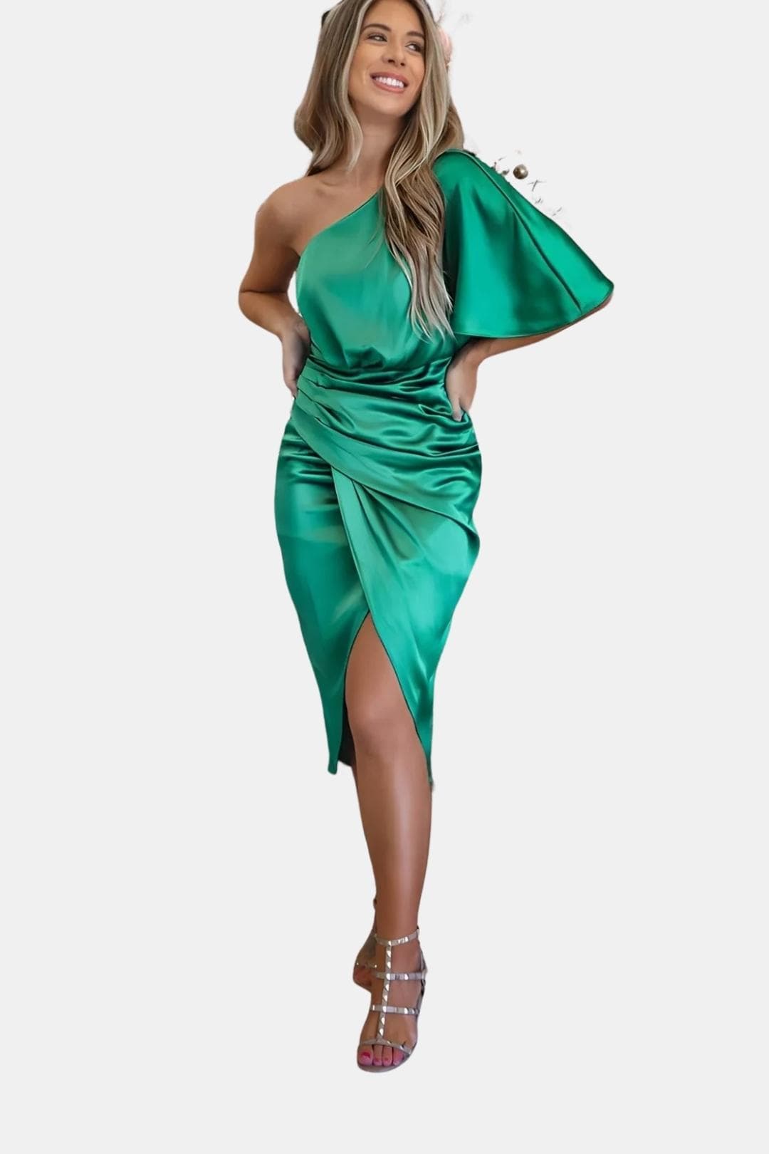 Alma | Women's One Shoulder Satin Midi Dress Black Ruched