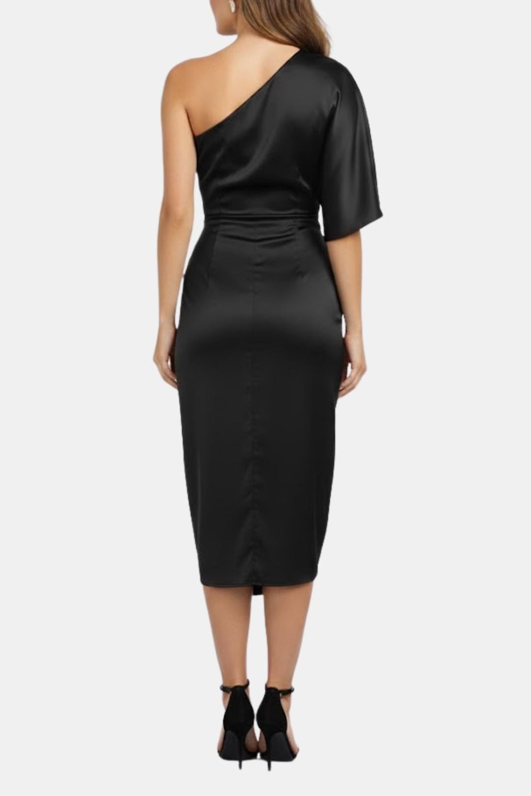 Alma | Women's One Shoulder Satin Midi Dress Black Ruched