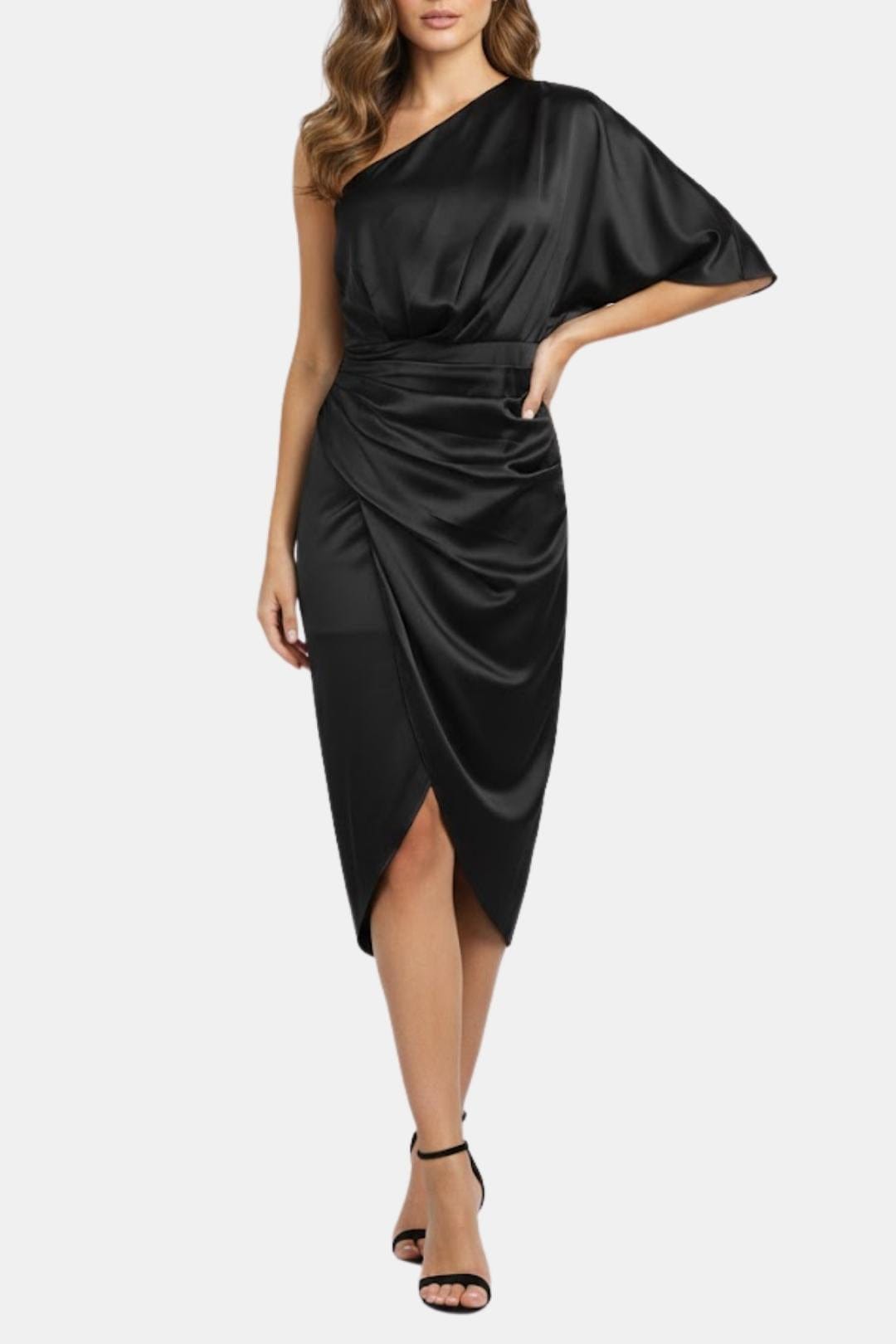Alma | Women's One Shoulder Satin Midi Dress Black Ruched