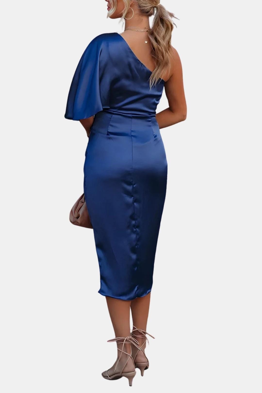 Alma | Women's One Shoulder Satin Midi Dress Black Ruched