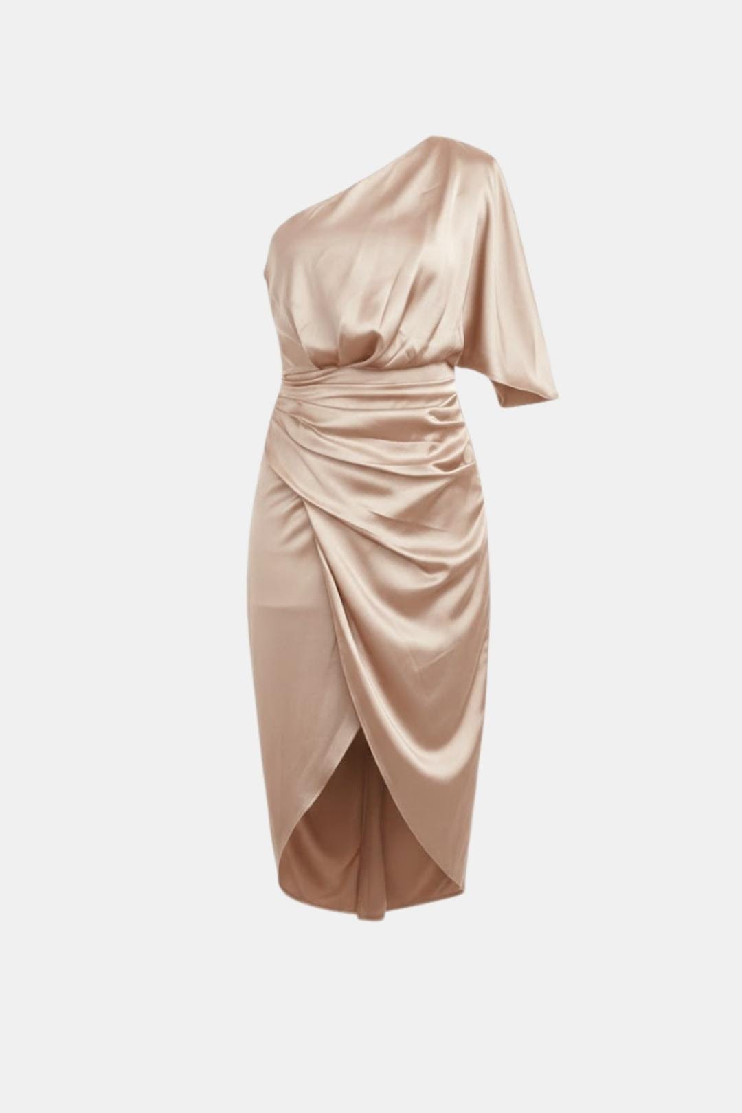 Alma | Women's One Shoulder Satin Midi Dress Black Ruched