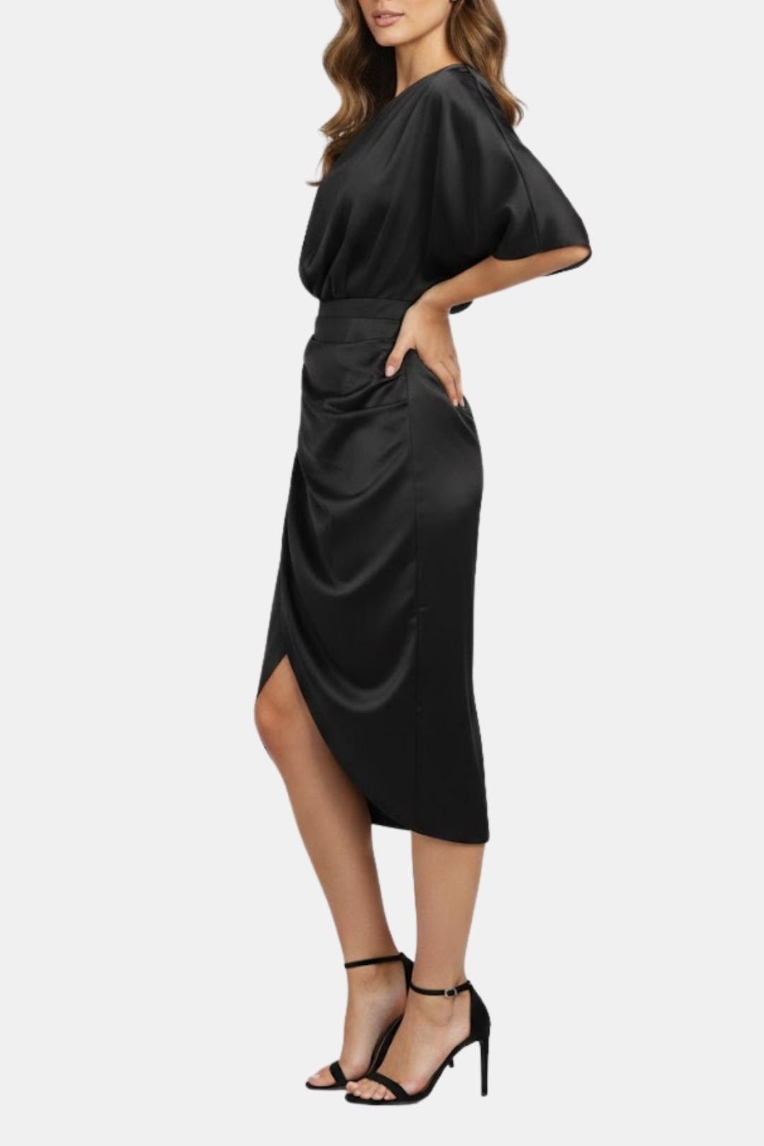 Alma | Women's One Shoulder Satin Midi Dress Black Ruched