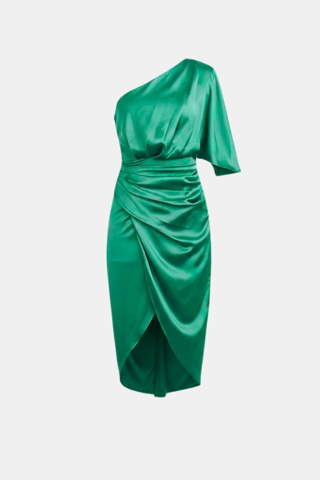 Alma | Women's One Shoulder Satin Midi Dress Black Ruched