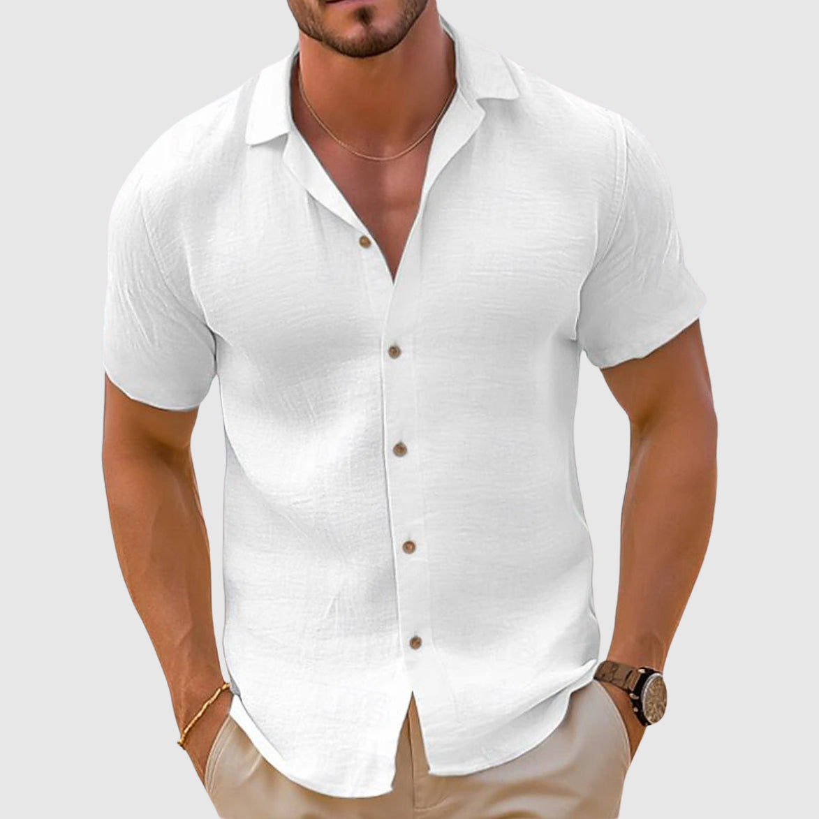 Rex | Men's Linen Button Up Shirt Cream Short Sleeve