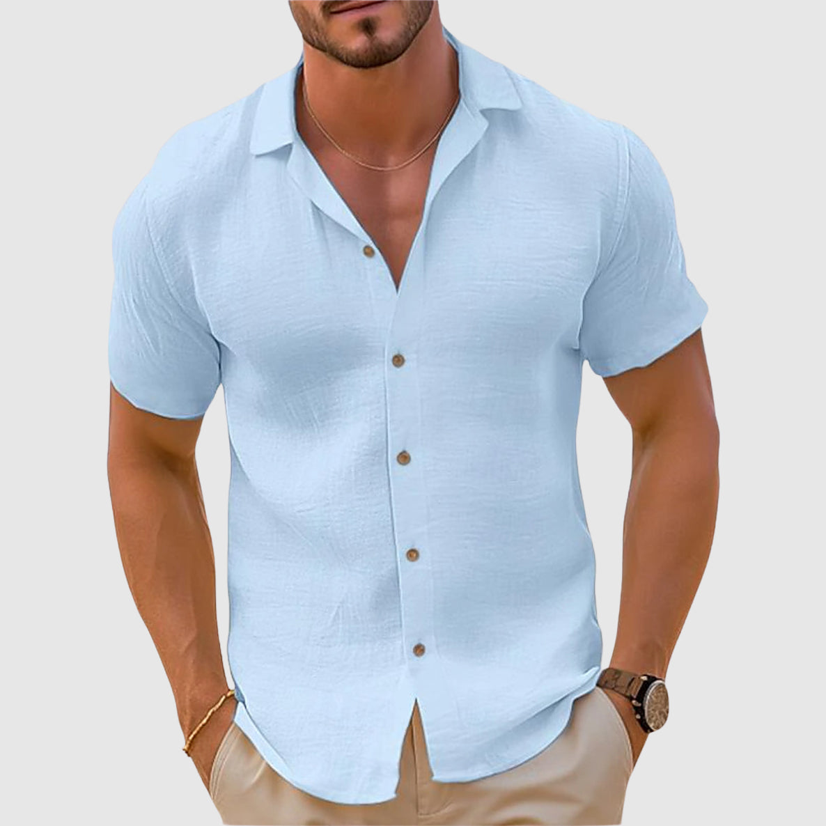 Rex | Men's Linen Button Up Shirt Cream Short Sleeve