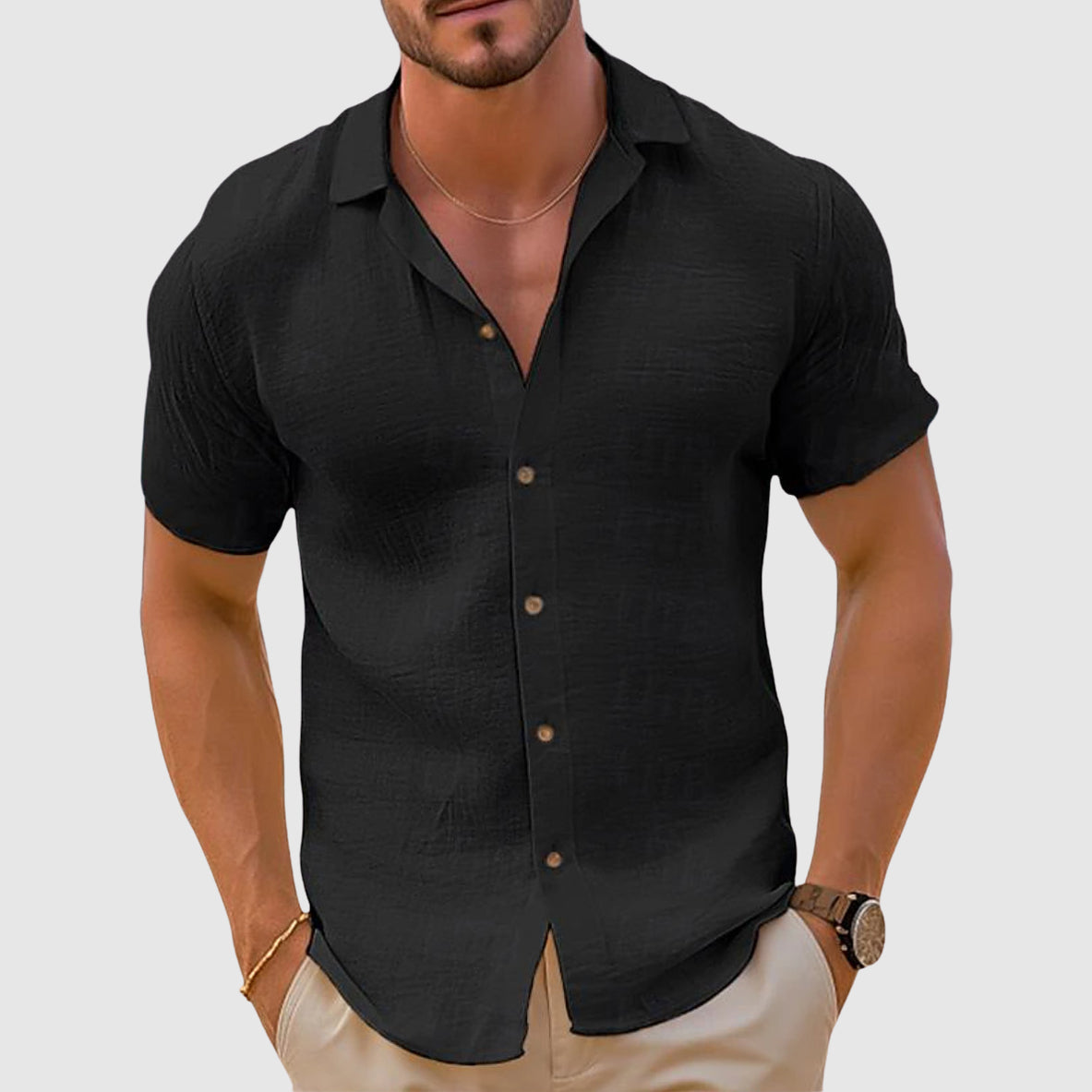 Rex | Men's Linen Button Up Shirt Cream Short Sleeve