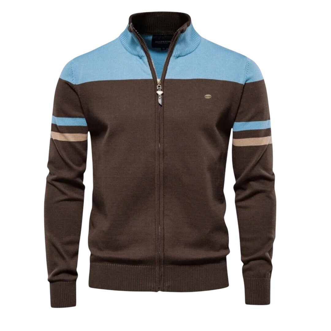 Voss | Men's Casual Zip Up Sweater Gray Black Striped