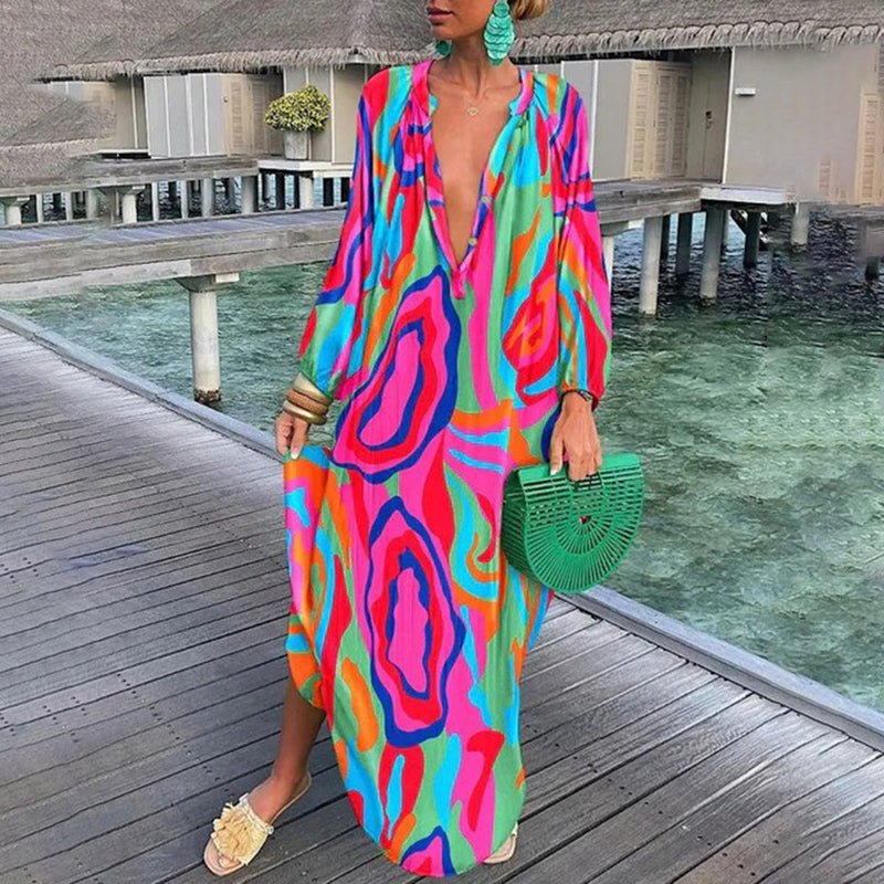 Isla | Women's Vacation Dress Green Yellow Maxi Print Long Sleeve