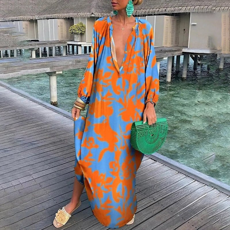 Isla | Women's Vacation Dress Green Yellow Maxi Print Long Sleeve