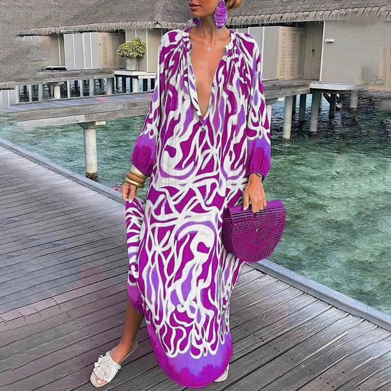 Isla | Women's Vacation Dress Green Yellow Maxi Print Long Sleeve