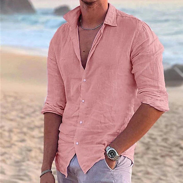 Wyatt | Men's Linen Button Up Shirt Pink Long Sleeve