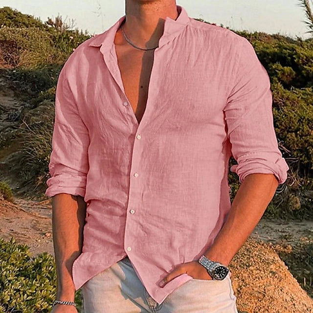 Wyatt | Men's Linen Button Up Shirt Pink Long Sleeve