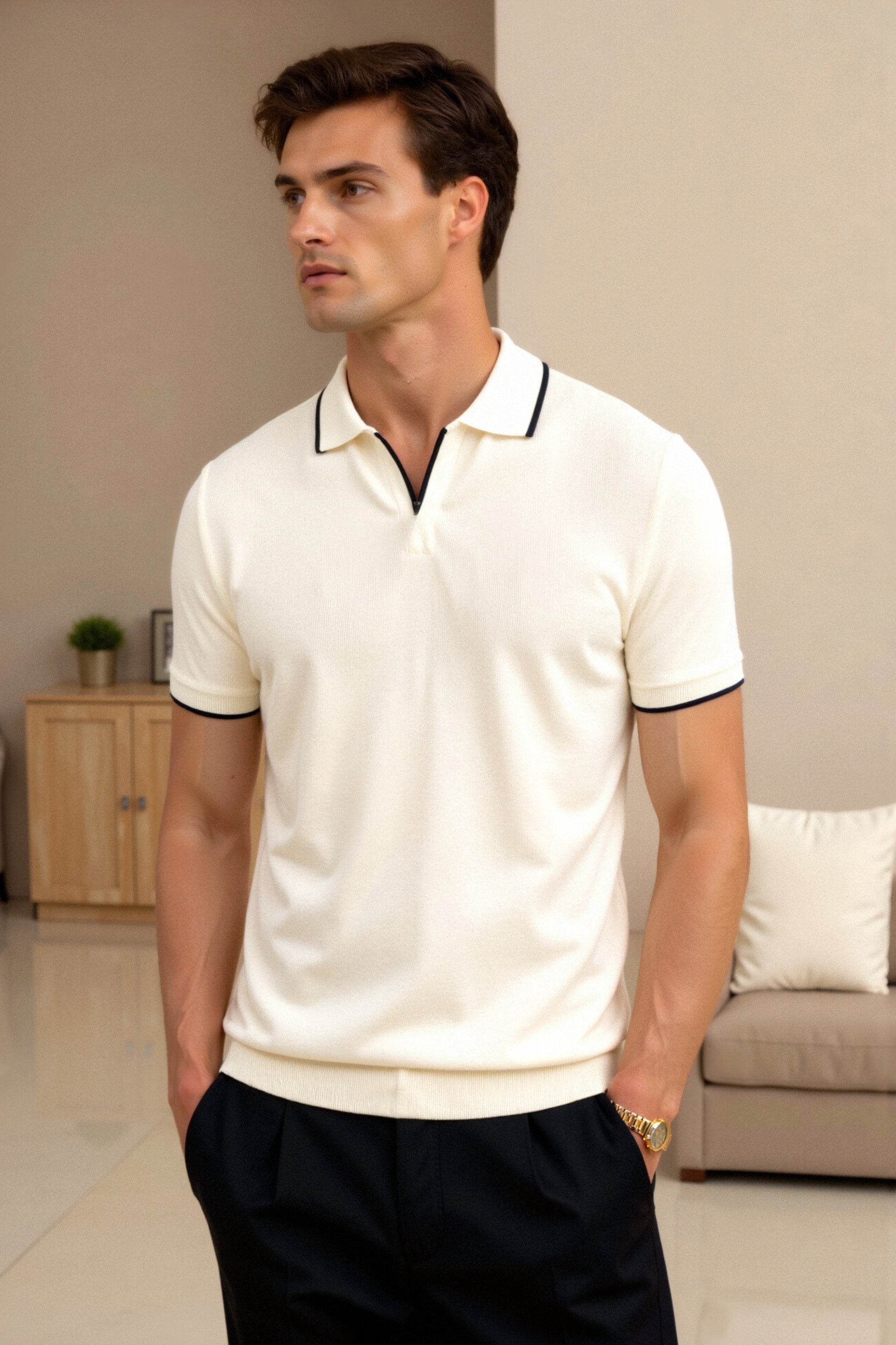 Bram | Men's Polo Shirt Cream Black Trim Short Sleeve