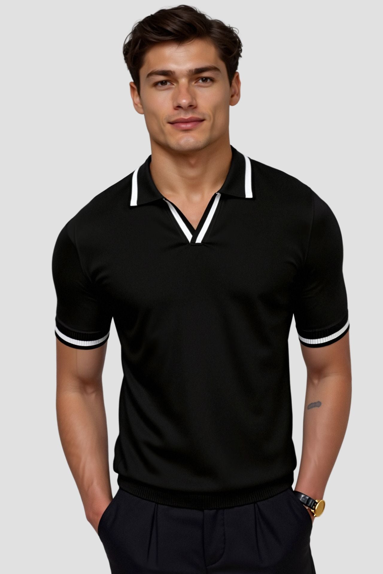 Bram | Men's Polo Shirt Cream Black Trim Short Sleeve