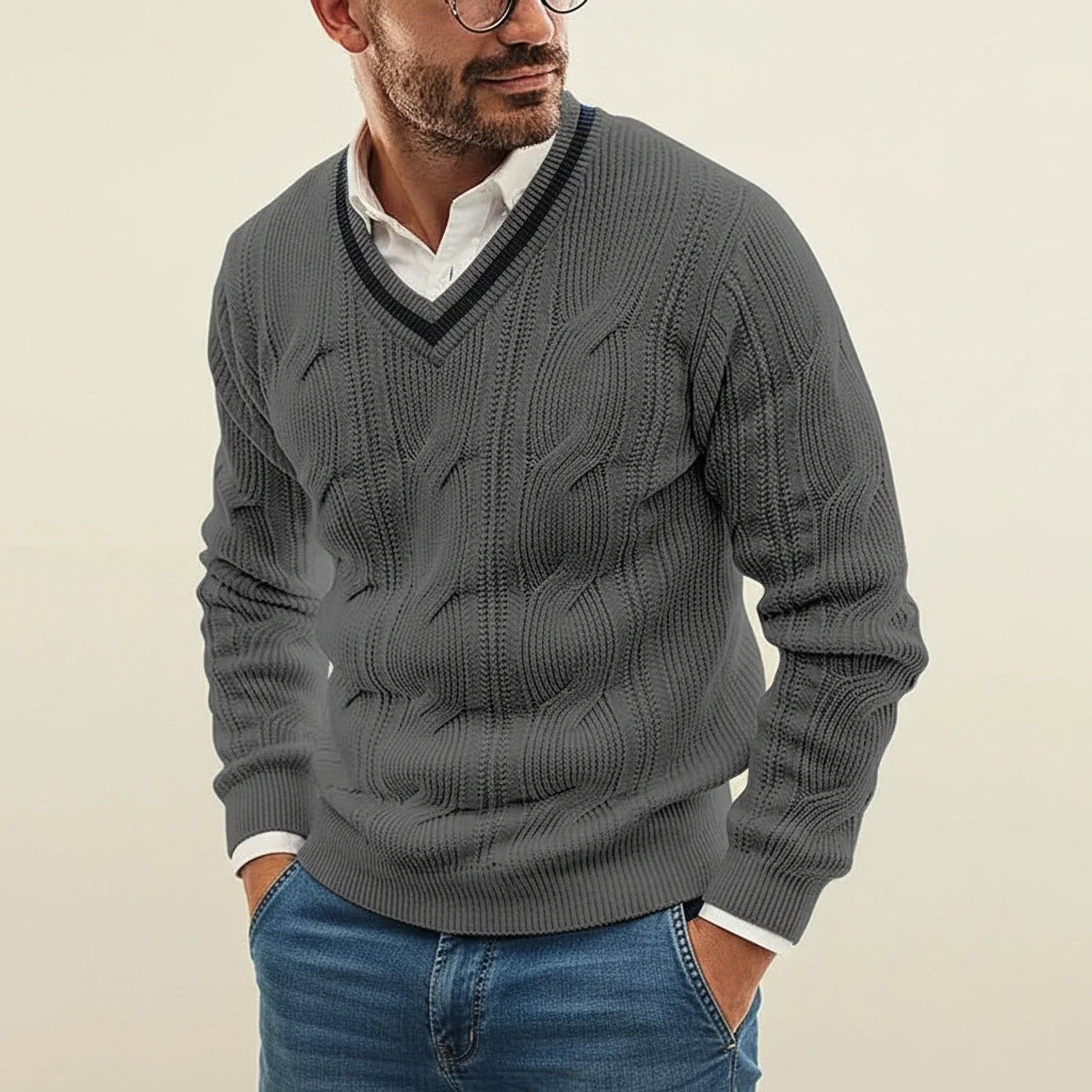 Axel | Men's Cable Knit V Neck Sweater Black