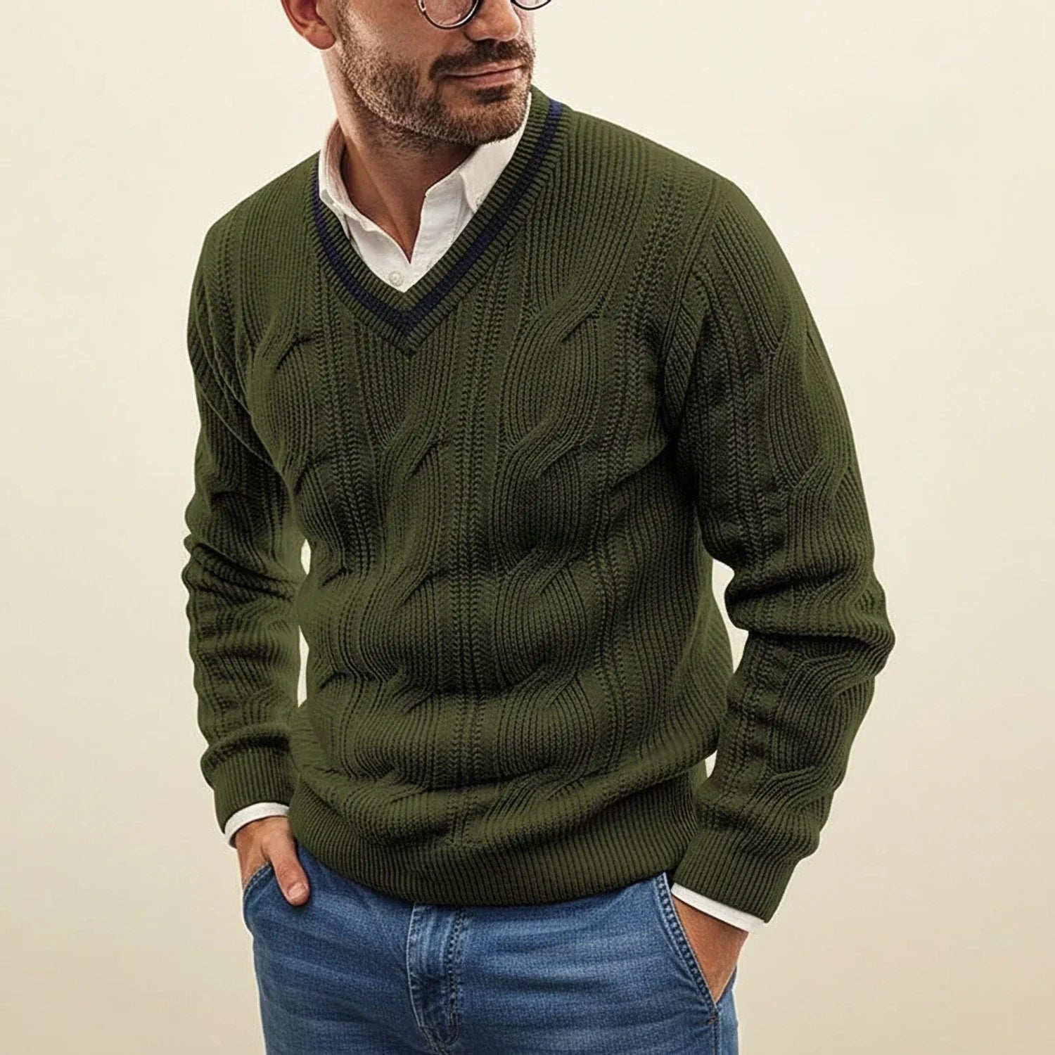 Axel | Men's Cable Knit V Neck Sweater Black