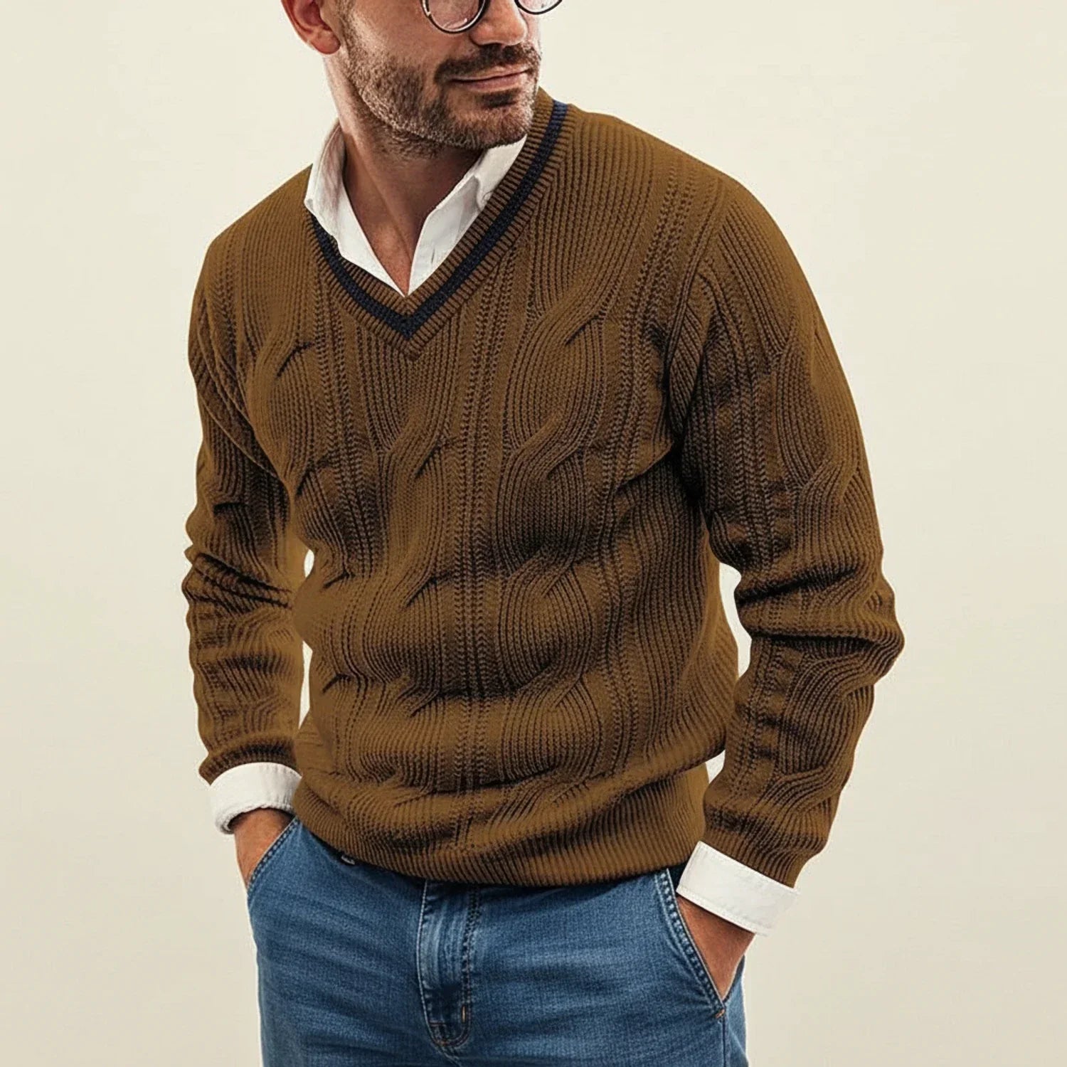 Axel | Men's Cable Knit V Neck Sweater Black