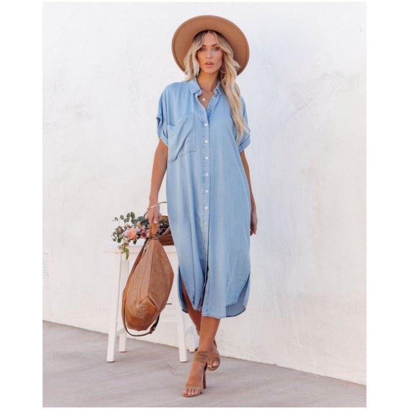 Liv | Women's Button Down Denim Shirt Dress Light Blue