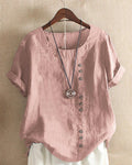 Dama Washington Lena women's linen short sleeve blouse cream button front - front view