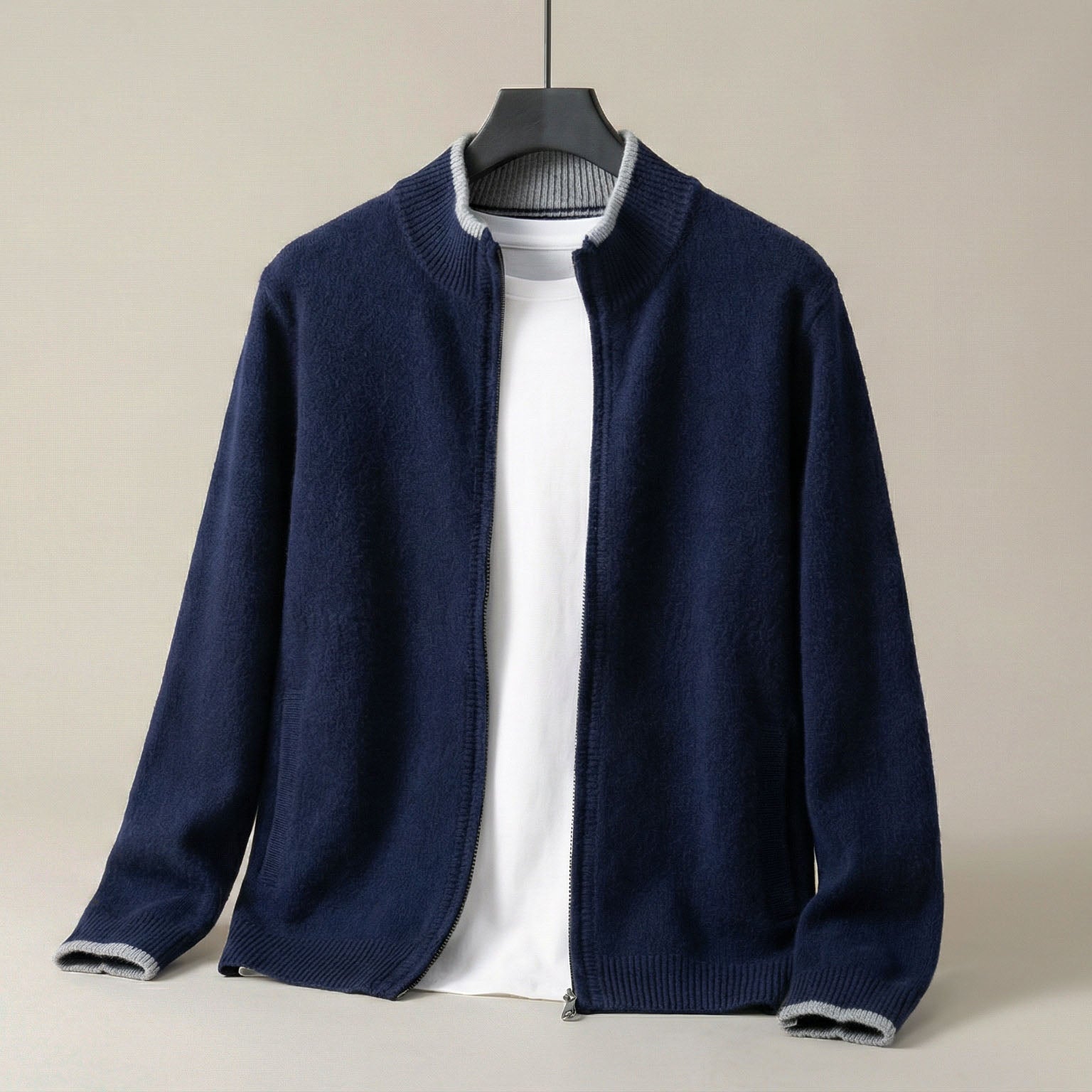 Axel | Men's Zip Up Cardigan Cream Crew Neck Sweater