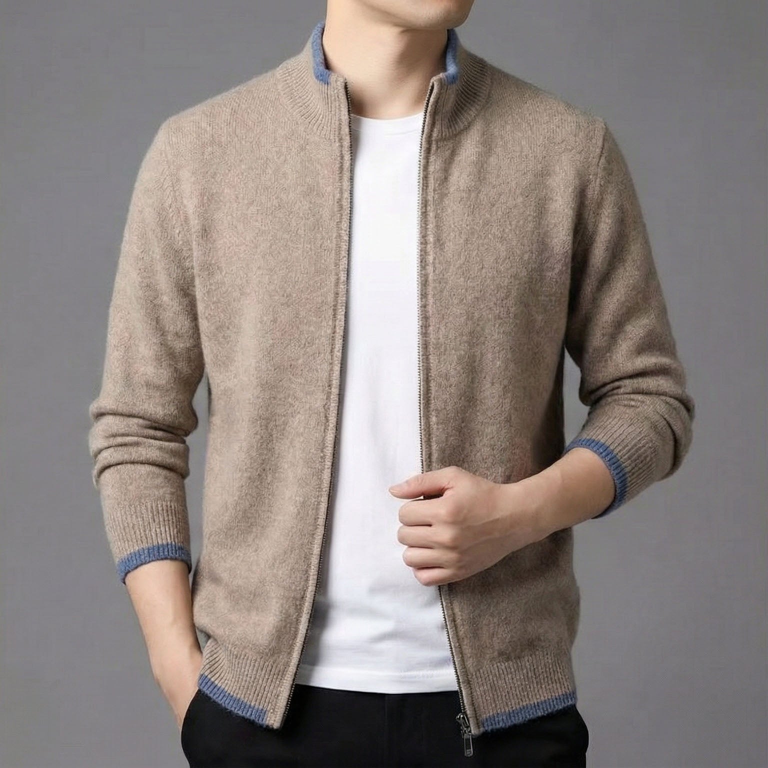 Axel | Men's Zip Up Cardigan Cream Crew Neck Sweater